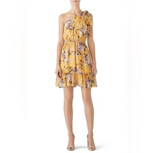 Shoshanna Yellow Carmela Floral Dress One Shoulder Sleeveless Ruffled Hem